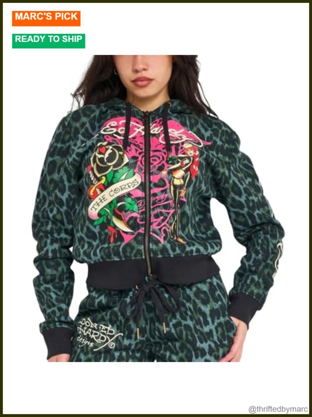 Ed Hardy Relaxed Zip Front Hoodie Sweatshirt Cotton Blend
